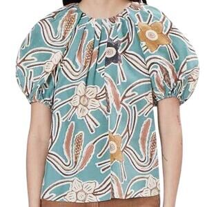 Ulla Johnson NWOT Anila Blouse Size 2 100% Silk Puff Sleeve Floral Elastic Cuff